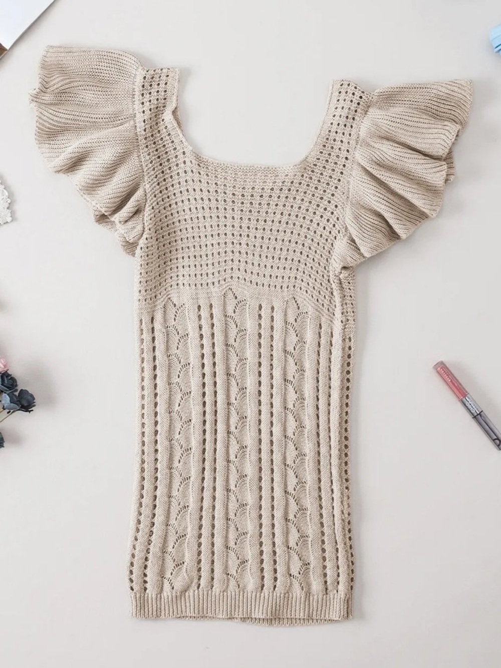 Flutter Sleeve Knit Top, in Tan, Size Large - Picture 11 of 14